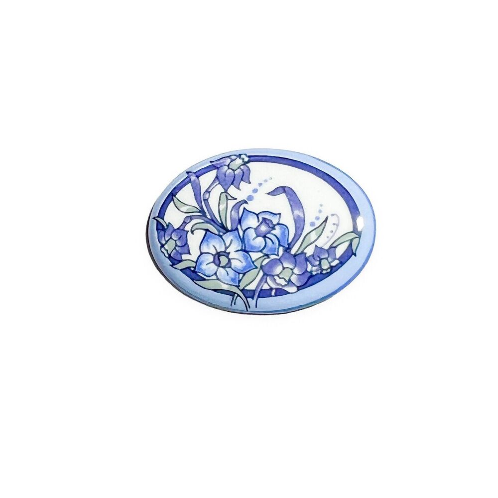 Vintage Michaela Frey Signed Brooch Enamel Austria Blue Flowers Small Oval Pin